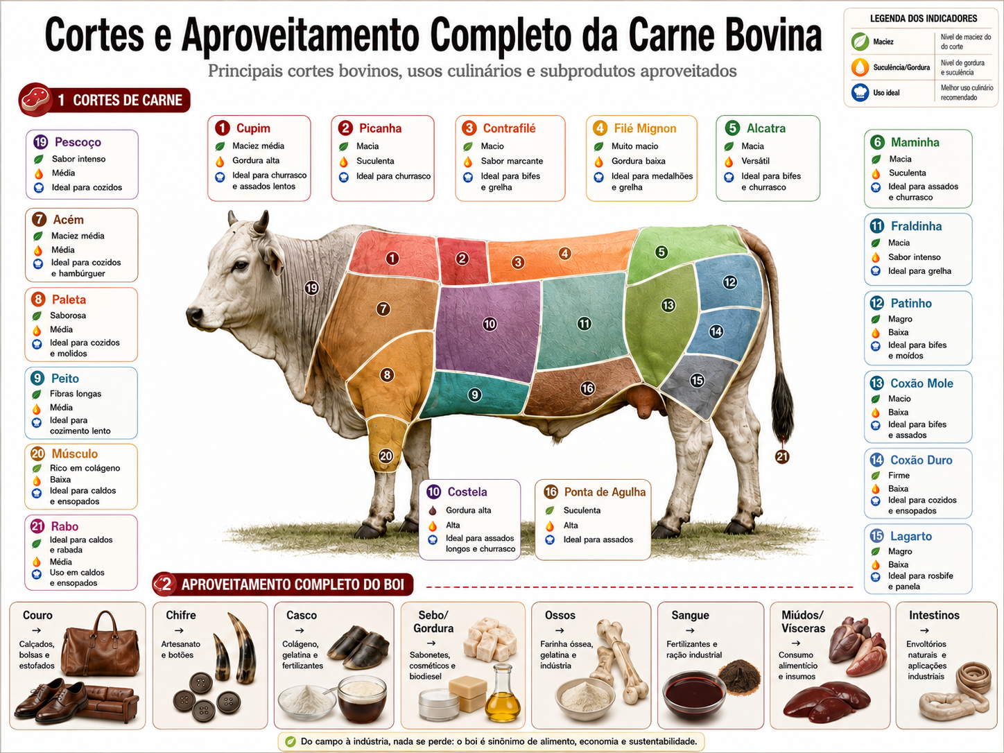 Infográfico dos cortes bovinos e do aproveitamento completo do boi