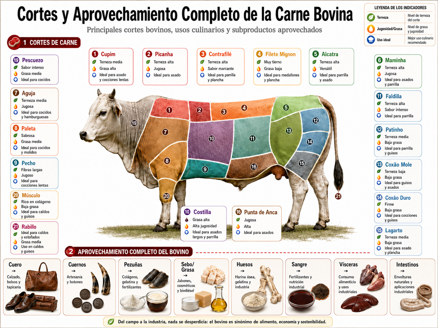 Infografía de los cortes bovinos y del aprovechamiento completo del animal